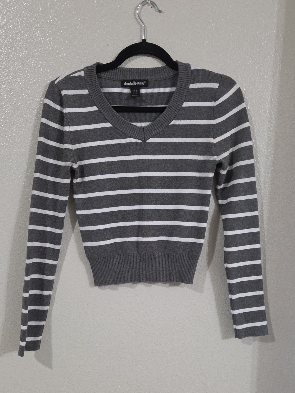 charlotte russe Gray & White Striped V-Neck Sweater